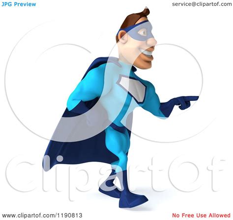 Clipart Of A 3d Super Hero Man Walking And Pointing In A Blue Costume