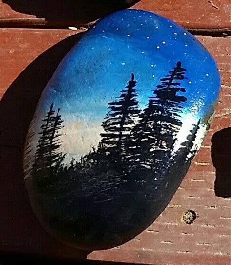 Sunrise Or Sunset With Forest Tree Silhouette Painted Rock Stone Art