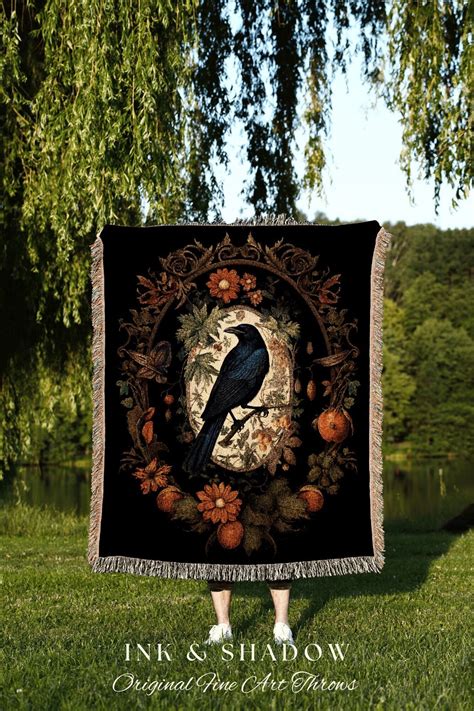 Crowcore Room Decor Gothic Crow Tapestry Vintage Blanket Woven Black