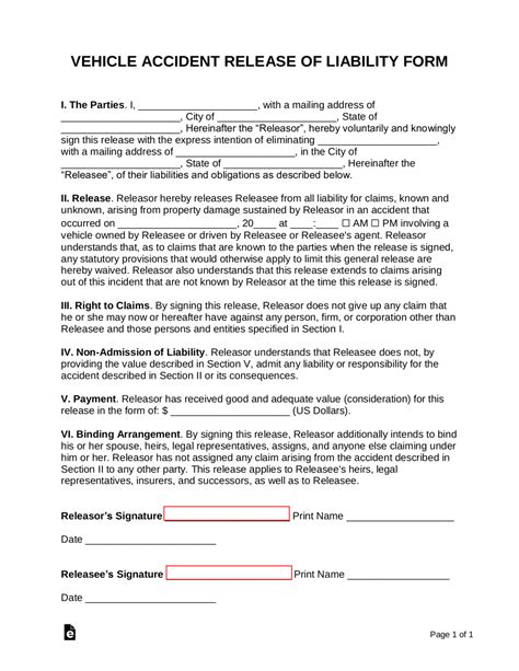 Free Car Accident Release Of Liability Form Settlement Agreement