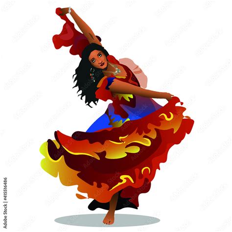Vector Illustration Of A Dancing Gypsy Girl With Black Hair In A Red Dress On A White Background