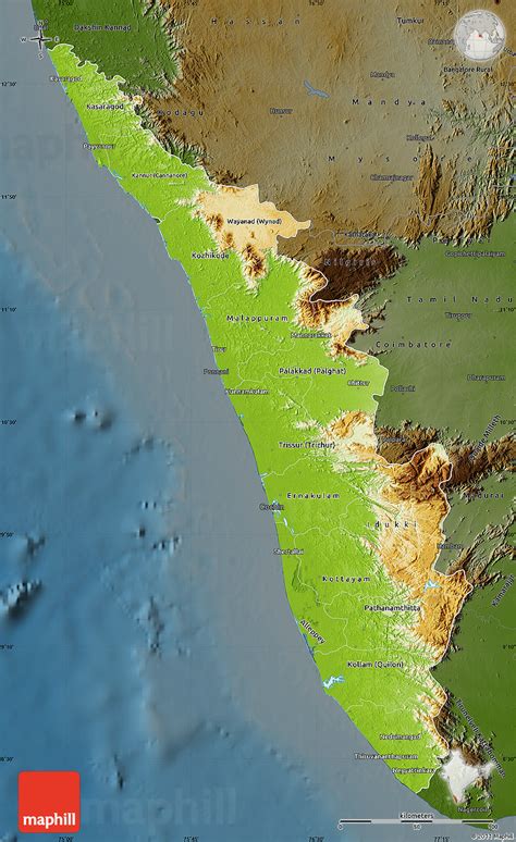How to color kerala map? Physical Map of Kerala, darken