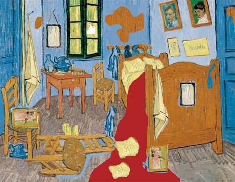 Dans une lettre adressée à sa sœur wilhelmina, il explique le symbolisme des couleurs dans sa représentation de la chambre à coucher vide avec un lit en bois et deux chaises. la chambre van gogh