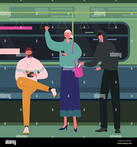 Theft In Public Transport Vector Illustration Cartoon Woman Standing