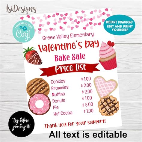 Valentines Day Bake Sale Editable Price List Instant Download Bake Sale Sign School Church