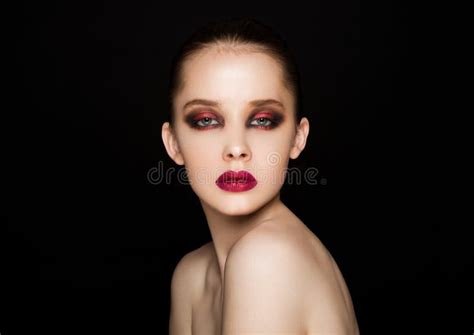 Beauty Portrait Red Eyes And Lips Make Up Model Stock Photo Image Of