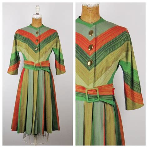 Vintage 1950s Day Dress 50s Striped Shirtwaist Dress Small To
