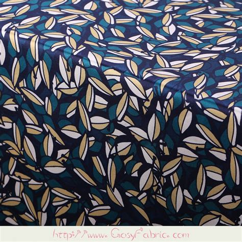 Leaves Leaf Print Navy Blue Stretch Silk Satin Fabric Fabrics Etsy