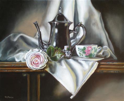Still Life Art Silver Tea Pot Painting Silver Tea Pot Pink Rose