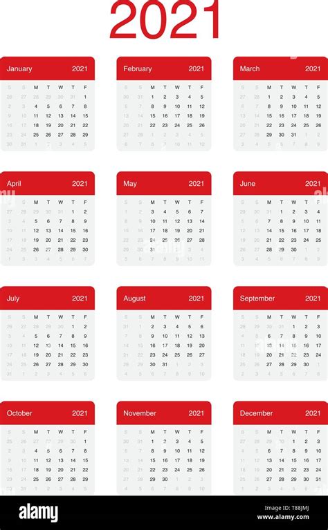 2021 Calendario Mínimo Limpio Diseño Vectoriales Sencillos Con Una