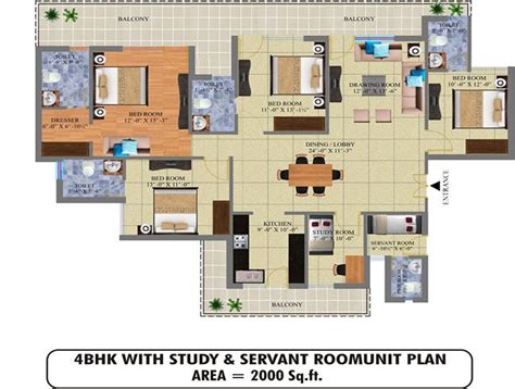 4 Bhk Floor Plan With Study And Servant Room Unit Plan Area 2000 Sq