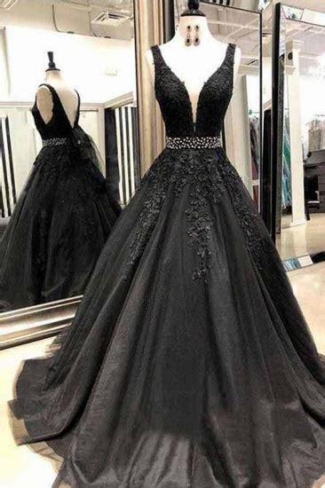 Bmbridal Black V Neck Lace Prom Dress Long Sleeveless Evening Gowns