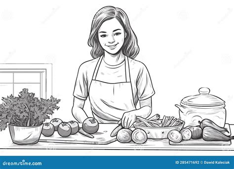 Hand Drawn Young Woman Cooking In The Kitchen Stock Illustration
