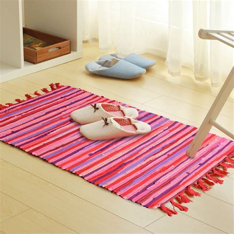 Handmade Cotton Rag Rug Striped Tassels Durable Machine Washable Multi