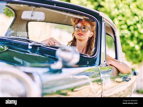 Smiling Woman Driving Vintage Car Hi Res Stock Photography And Images