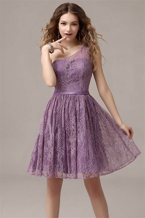 Elegant Purple One Shoulder Knee Length Lace Bridesmaid Dress Wpea1775
