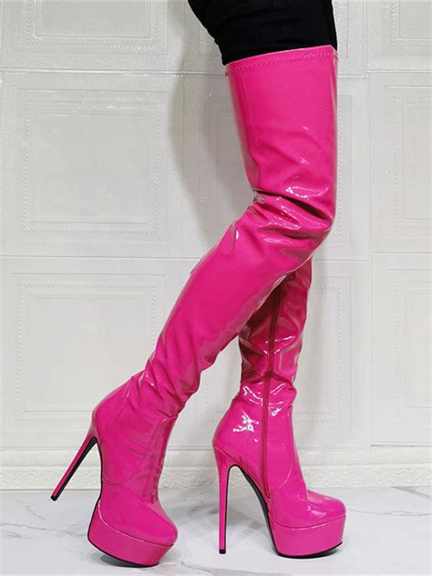 Womens Hot Pink Platform Thigh High Heel Boots