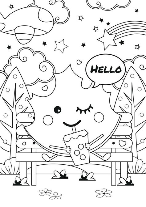 Coloring Page With Cute Kawaii Autumn Leaf Drinking Bubble Milk Tea