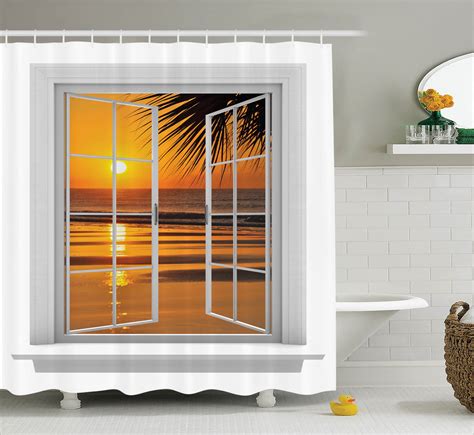 House Decor Shower Curtain Set Open Window With An Ocean Sunset View Sky Tropics Nature