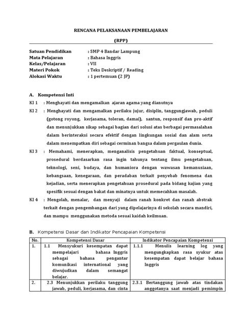 Rpp Reading Skill Descriptive Text Kelas 7 Pdf