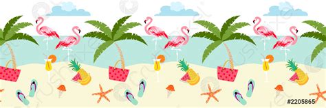 Tropische Zomer Strand Banner Naadloze Grens Achtergrond Met Flamingo