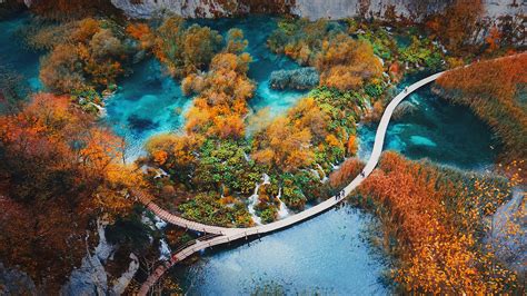 Autumn Landscape Aerial View In Plitvice Lakes National Park Croatia