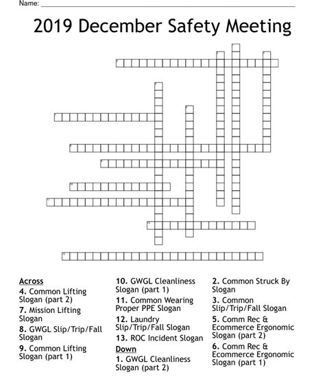 2019 December Safety Meeting Crossword Wordmint