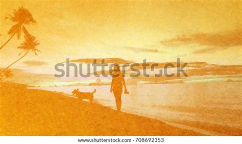 Silhouette Girl Her Dog On Beach Stock Illustration 708692353