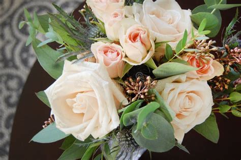 Beautiful Wedding Bouquet Of Soft Pink Flower With Greenery Stock Image