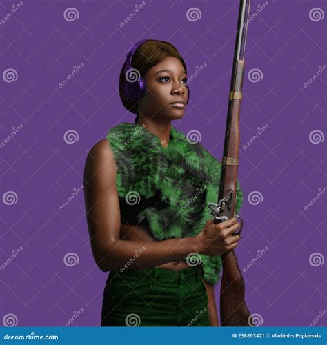 Black Woman With Gun Dressed In Trendy Colorful Clothing Stock Image