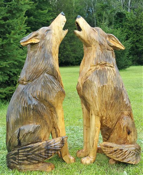 Wolf Wolf Pair Wolves Howling Wood Statues Carving Chainsaw Art