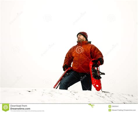 Winter Hiker Man With Snowshoes On Snowy Peak Stock Image Image Of