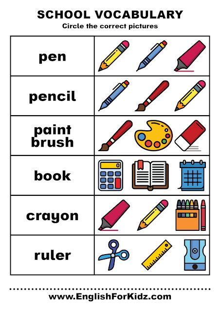 Printable School Vocabulary Worksheet For Grade 1 1st Grade Worksheets
