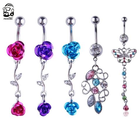 1pc Fashion Surgical Steel Metal Rose Flower Navel Belly Button Rings Bar Piercing Sexy Body