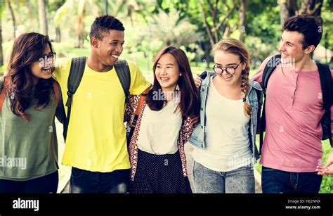 Diverse Group Young People Bonding Outdoors Concept Stock Photo Alamy