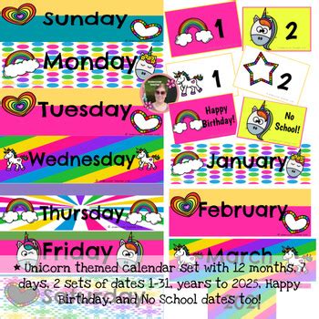 Unicorn Calendar Set Colorful (Months, Days, Dates, Years) | TpT