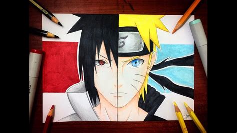Half Face Naruto Vs Sasuke Drawing Галерија слика