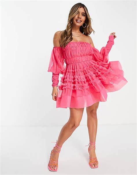 lace and beads off shoulder tulle mini dress in hot pink asos