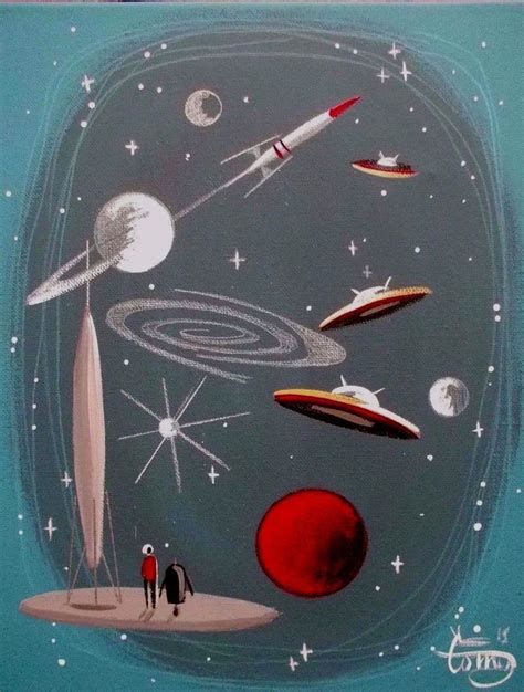 El Gato Gomez Painting Retro Outer Space Ship Rocket Robot Vintage 1950s Sci Fi Space Art