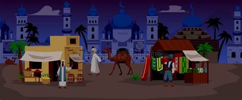 Middle Eastern Or Arabian City Night Scene With People Flat Vector