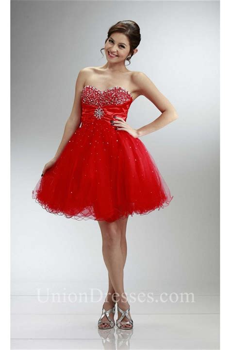 Beautiful Ball Sweetheart Short Red Tulle Beaded Cocktail Prom Dress