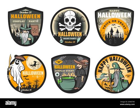 Halloween Ghost And Monsters Vector Badges Horror Pumpkin Skeleton Skull And Witch Moon Bats
