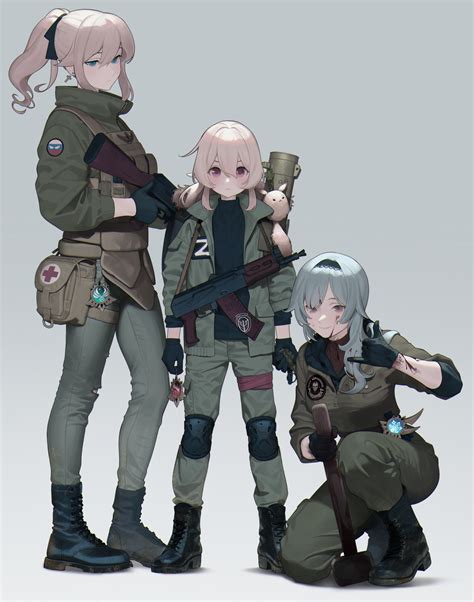 safebooru 3girls abbystea ak 74 aks 74 assault rifle black gloves black shirt blonde hair blue