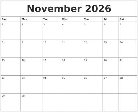 November 2026 Free Monthly Printable Calendar