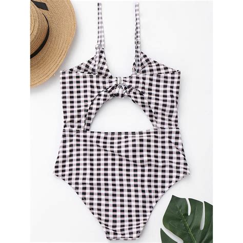 Cut Out Front Tied Plaid One Piece Swimwear 2018 Women High Cut Bowknot