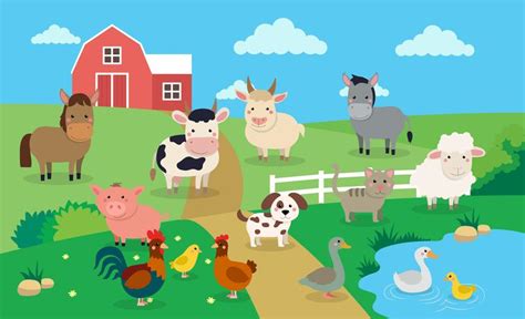 Farm animals with landscape - vector illustration in cartoon style