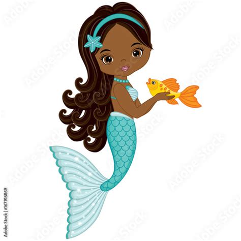Vector Cute Little Mermaid With Fish Vector African American Mermaid