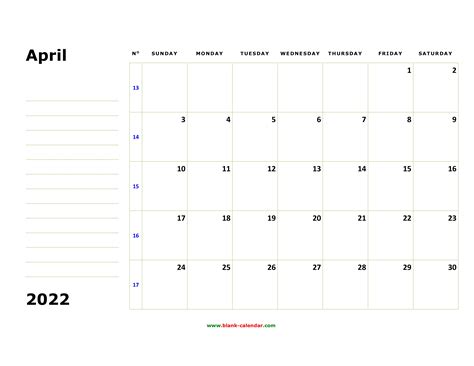 Free Download Printable April 2022 Calendar Large Box Holidays Listed