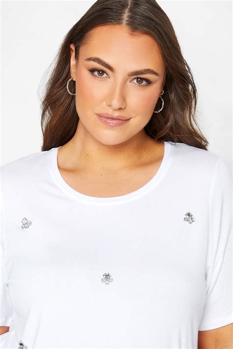 Yours Plus Size White Diamante Embellished T Shirt Yours Clothing