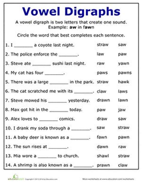 Practice Reading Vowel Diphthongs: AW | Worksheet | Education.com | 2nd